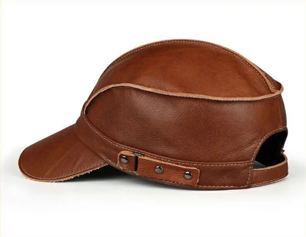 Mode Unisex Hohe Qualität Echt Leder Military Caps Sailor Hüte Frauen Männer Schwarz Braun Flache Top Kapitän Kappe Reise Kadett hut – Detail 20