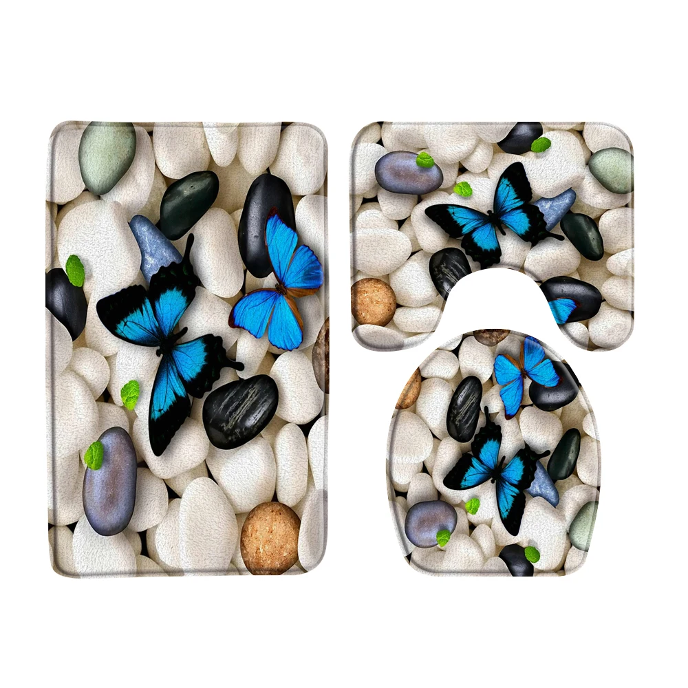 Colored Stones Pebble Door Mat Home Decor Blue Butterfly Creative Design Bathroom Non-slip Carpet Toilet Cover Rug Bath Mats Set