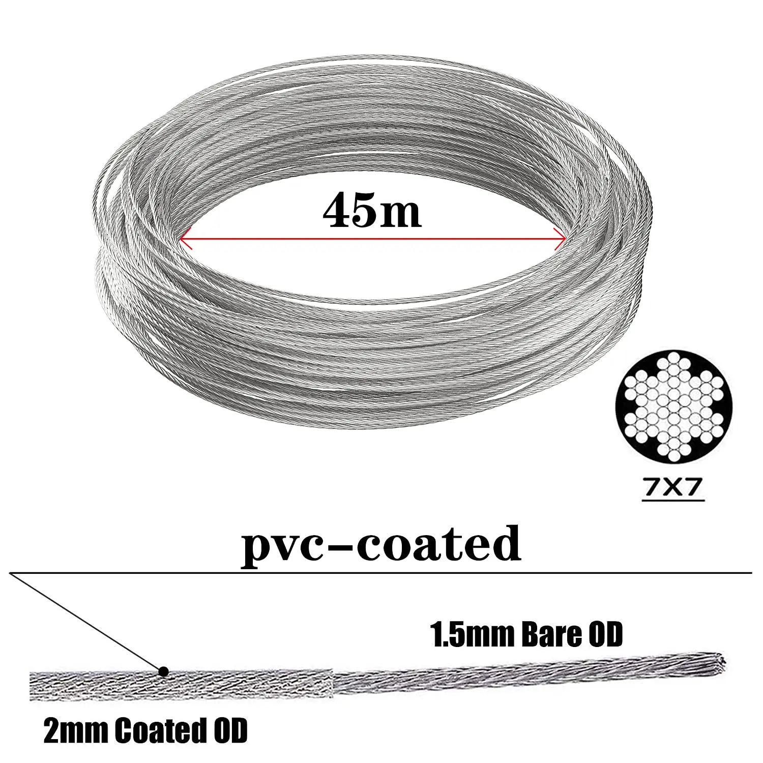 トレリスケーブル用45mワイヤーロープ,2mm,PVC,304ステンレス鋼クライミングエイド,ネット,ロックルスレイヤーネット付き