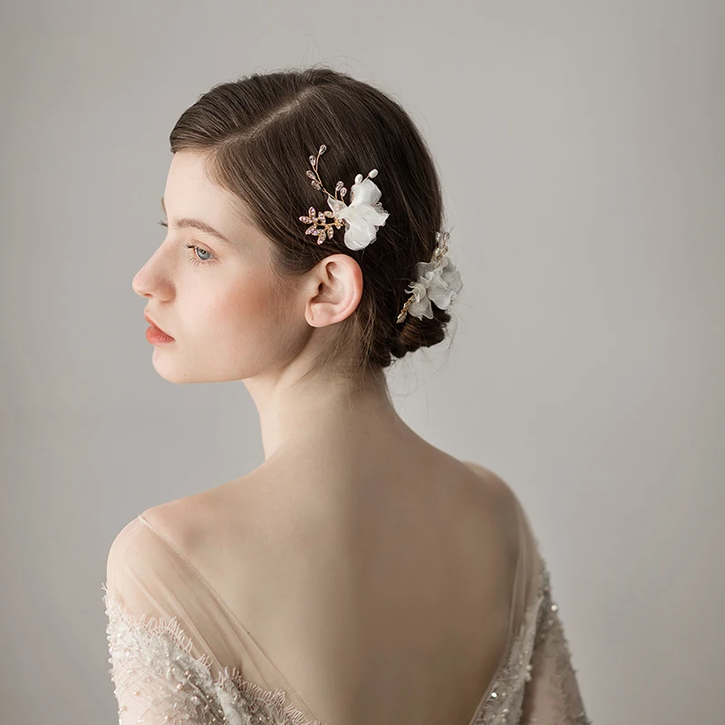 O394 Sifon Bunga Hiasan Kepala Pengantin Buatan Tangan Vintage Wanita Hairpiece Pengantin Aksesoris Rambut Pearl Beaded Pernikahan Jepit Rambut