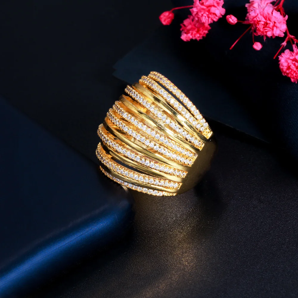 CWWZircons Luxury Gold Color Adjustable Multi Layer Cubic Zirconia Big Wide CZ Rings for Women Wedding Prom Party Jewelry J0160