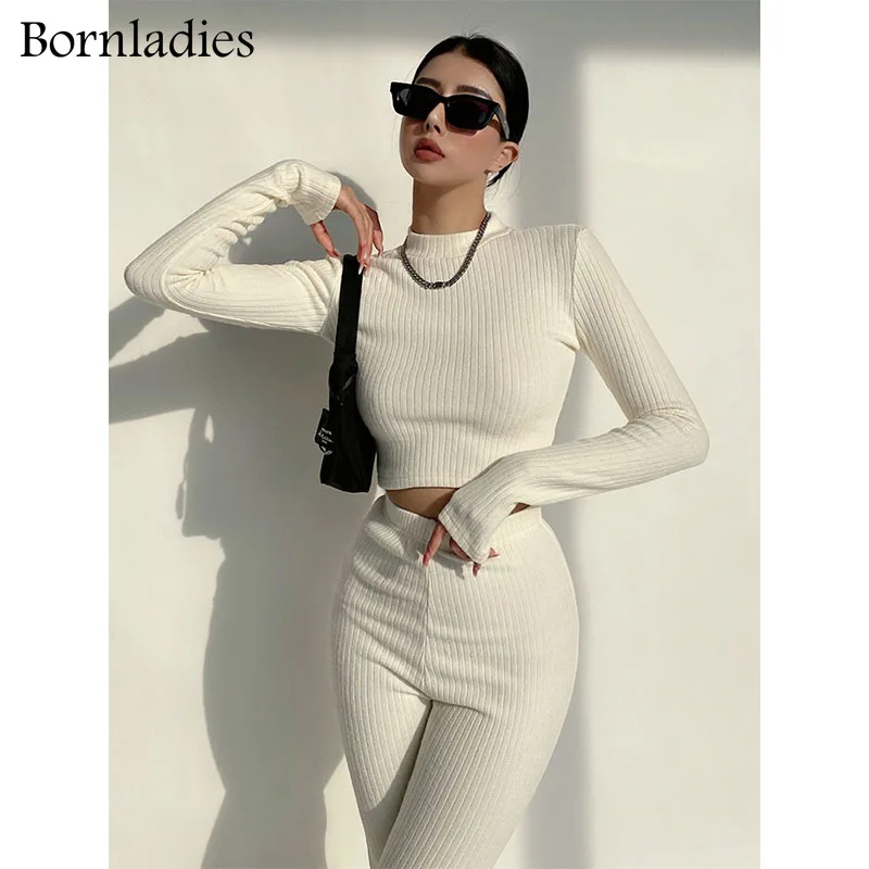 Bornladies 2022 Slim Sweater Tracksuits Short Jumpers & Elastic Waist Full Length Flare Pants Female Skinny Knitted 2 Pieces Set