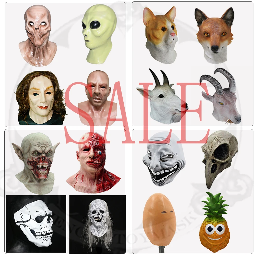 Gran oferta de máscaras de látex, disfraz de fiesta de Halloween, vestido, máscara de Animal, máscaras faciales humanas de extraterrestre, máscara de cabeza de zombis de terror