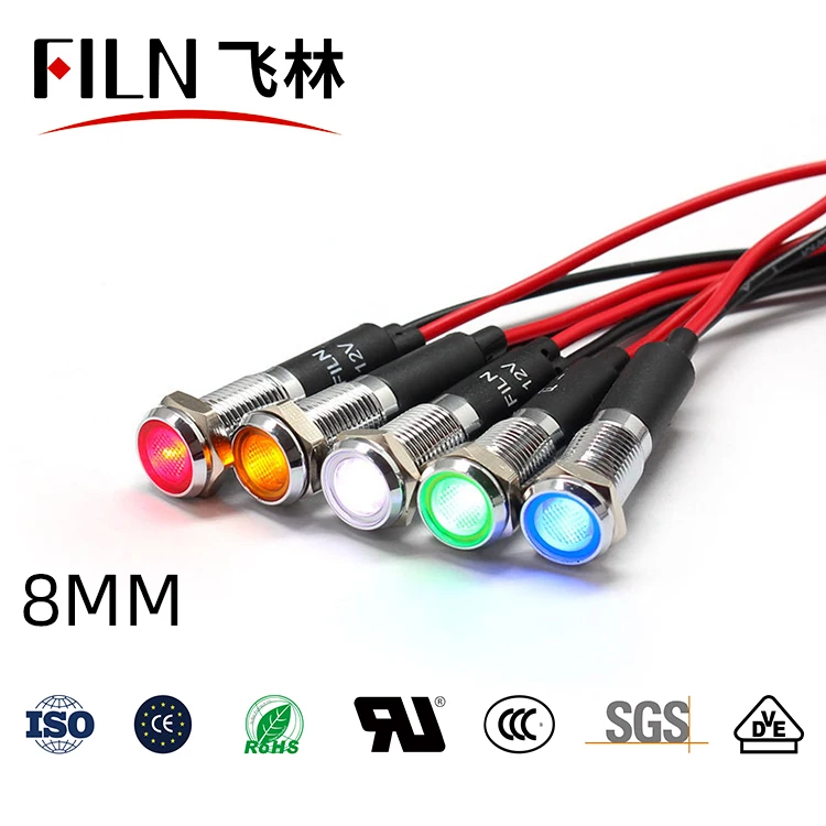 FILN Metal flat head 8mm 12v 24v 220v 110v equipment signal lights high-brightness led indicator light with wire