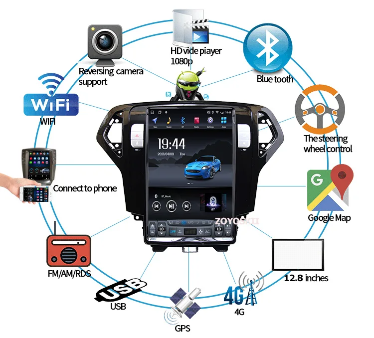 Android 11 12.8 Inch Vertical Screen Tesla Style Car Radio GPS  Carplay Auto Navigation Player For Ford  Mondeo 2007-2010