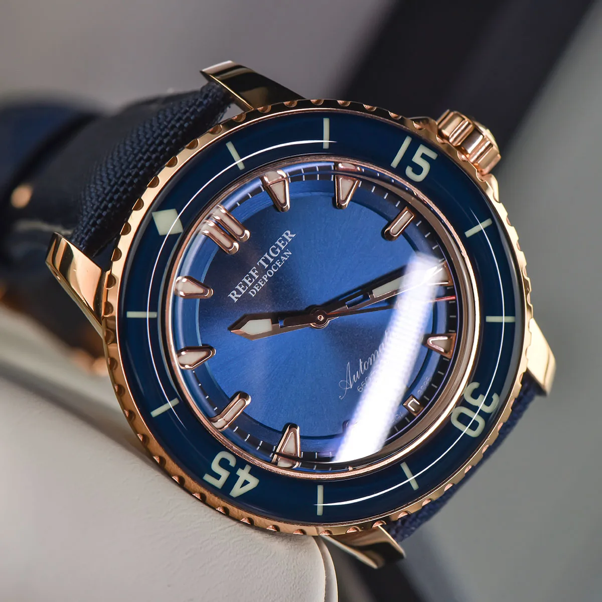 Reef Tiger/RT Dive Watches for Men Rose Gold Blue Dial Super Luminous Watches Analog Automatic Watches reloj hombre RGA3035