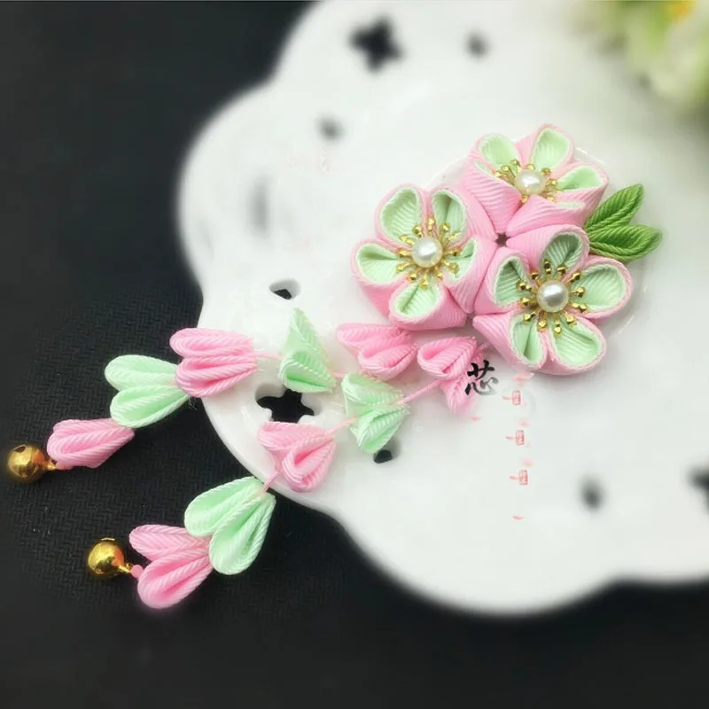 Tsumami Kanzashi Japanese Style Pink Red Rose Tassels Sakura Flower Kimono Accessory Pure Handmade Hair Clip Pin Headdress HW041