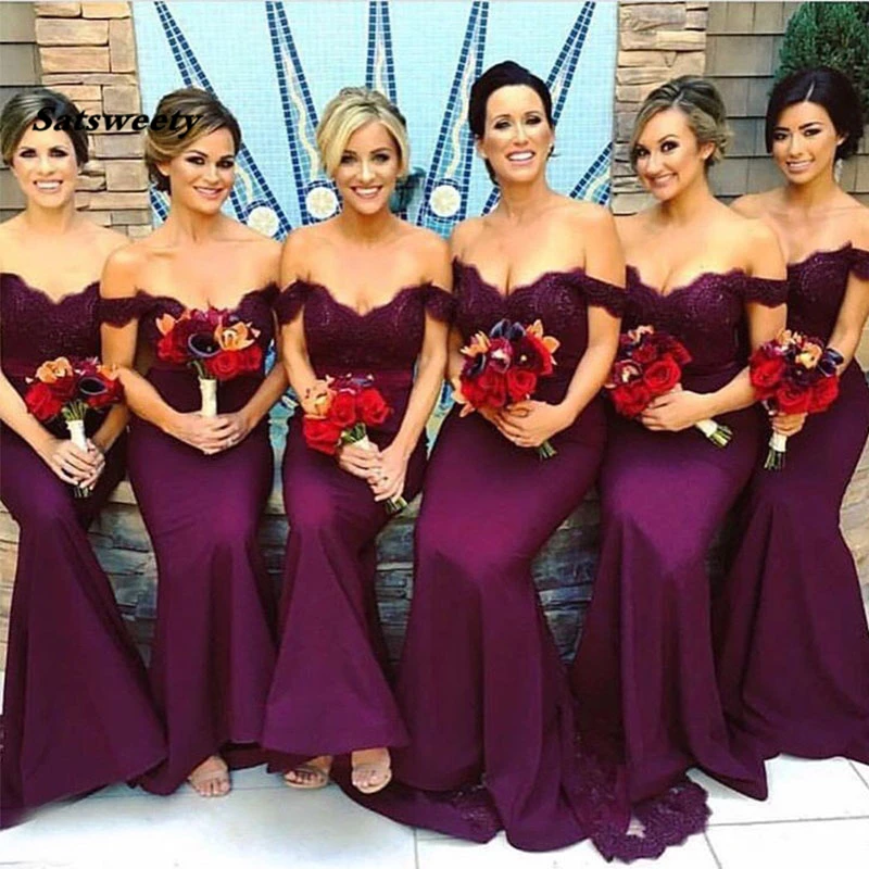 Mermaid Vestido De Festa Longo Off The Shoulder Dark Purple Bridesmaid Dresses Wedding Maid Of Honor Party Dresses