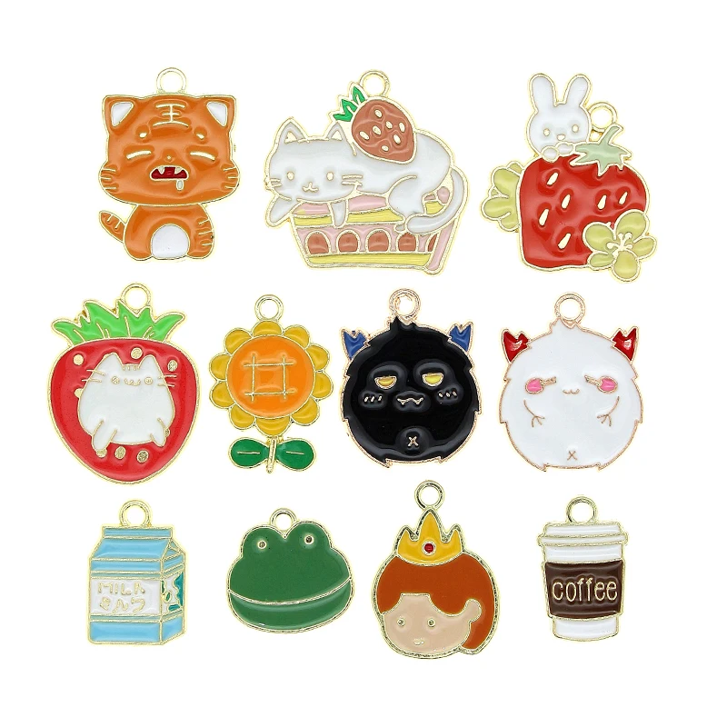 10pcst Cartoon Animal Enamel Tiger Cake cat Strawberry Charms for Jewelry Making Pendant Fit Necklaces Earrings DIY Crafts Gifts