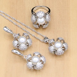 Flower Shaped 925 Silver Jewelry Sets Freshwater Pearls With Zircon Beads Women Jewelry Set  Wedding & Engagement Jewelry