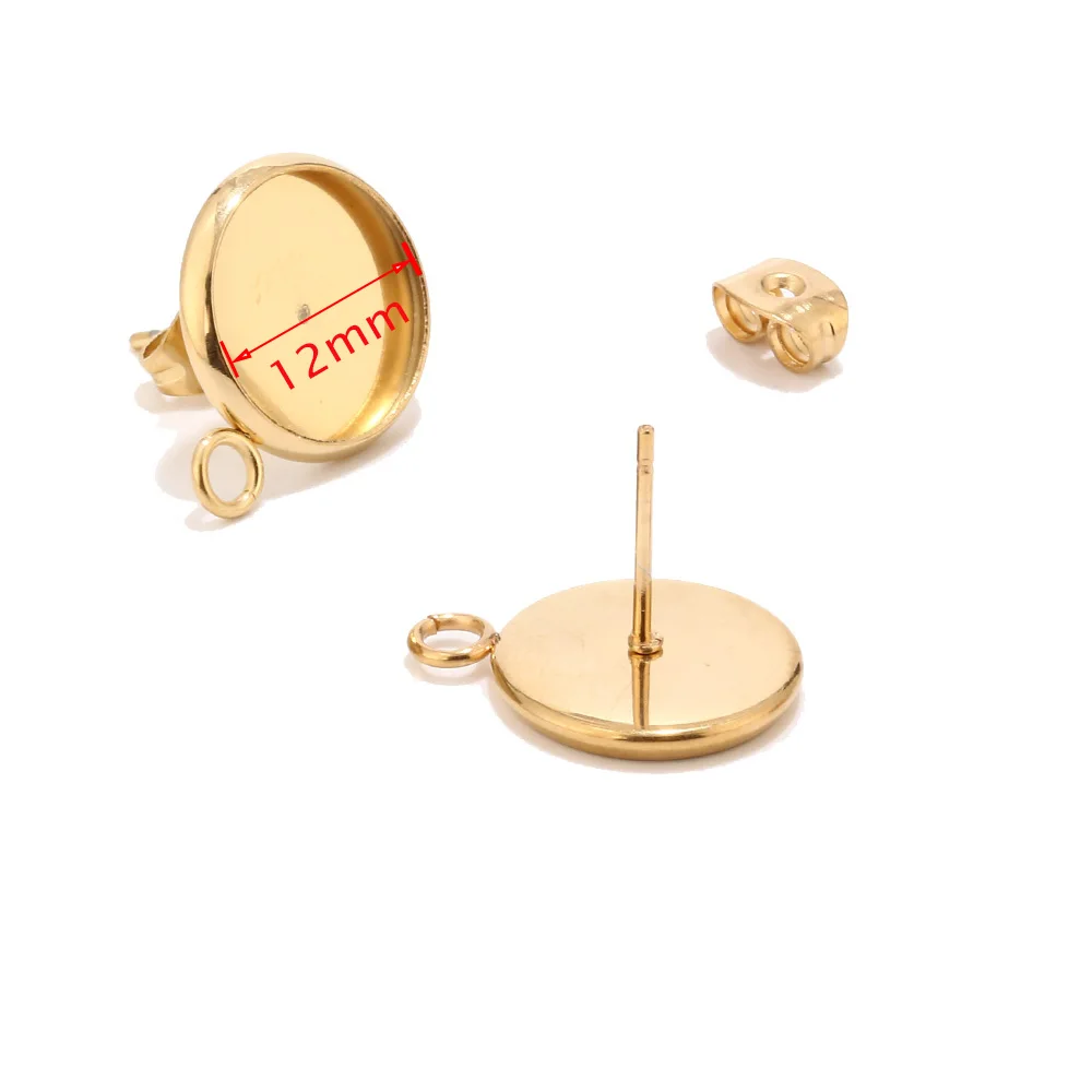 40pcs Wholesale Gold Earring Posts Studs Settings Bezels Cabochons Tacks with Loop 12mm Glue Pad Setting