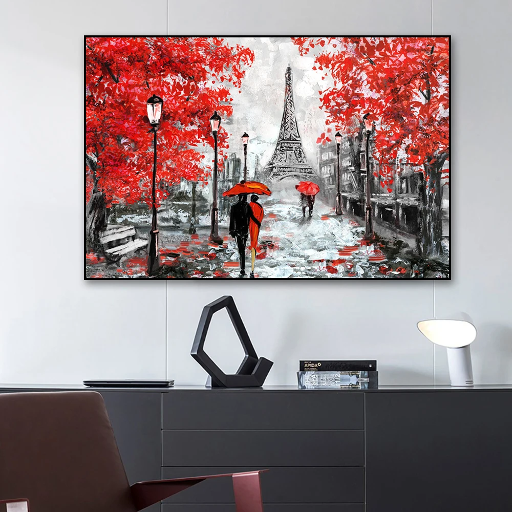 100% Hand Painted Abstract Oil Painting On Canvas Maple Forest Modern Paris Eiffel Tower Landscape Oil Painting Home Wall Decor