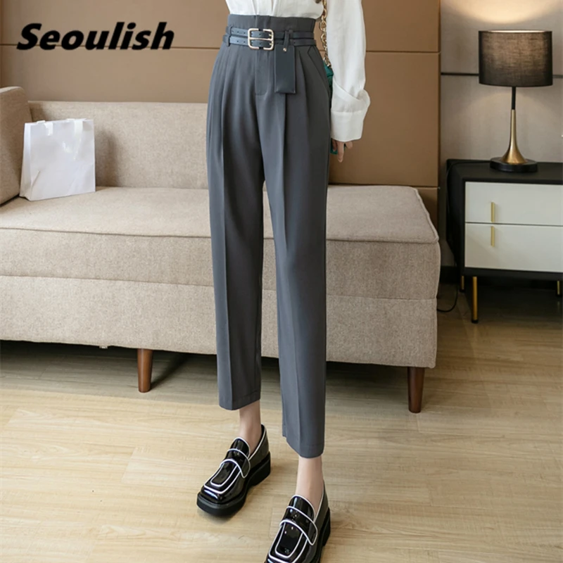 

Seoulish 2021 New Formal Women's Harem Pants with Double Belted Spring Summer High Waist Female Workwear Elegant Loose Trouses