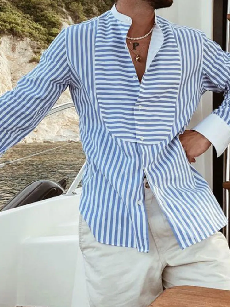 Men's Hawaiian Patchwork Striped Long Sleeve Shirts Fashion Casual Stand Collar Vacation Quick Dry Streetwear Leisure Blouse