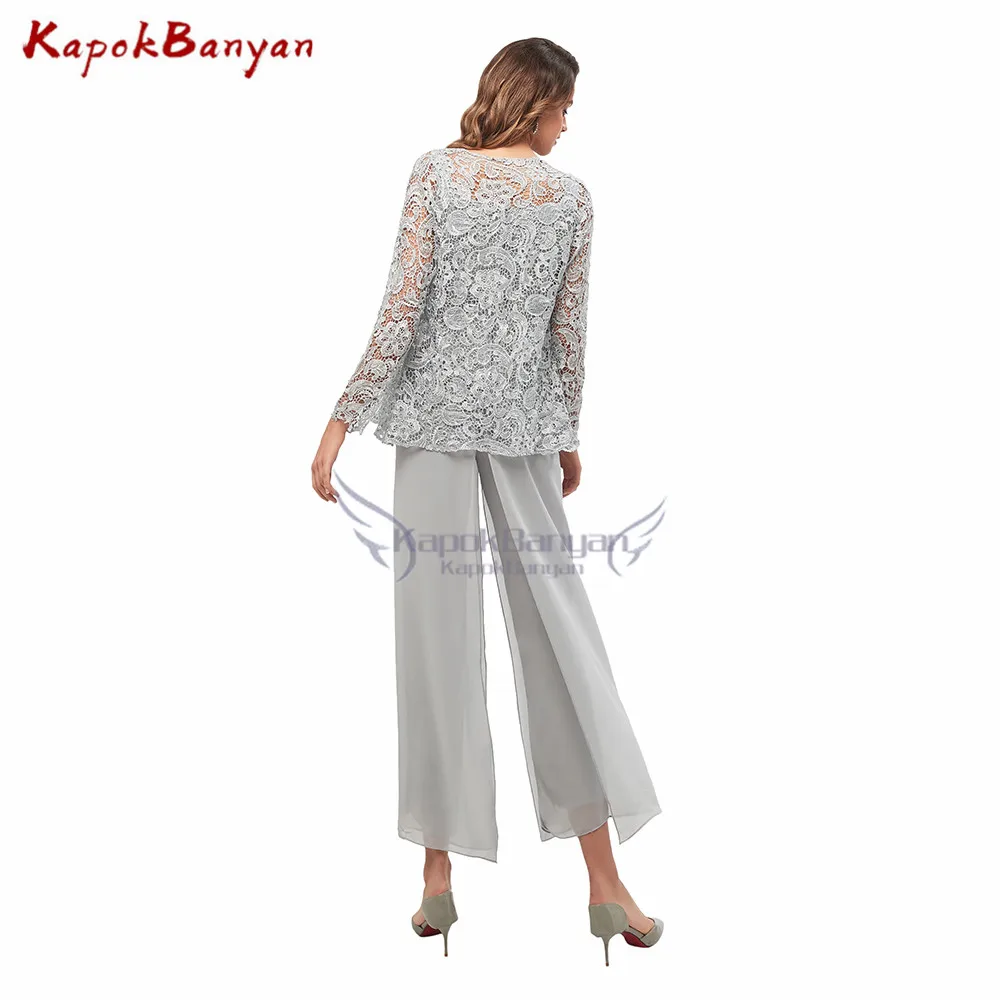 Pants Suit Summer Chiffon Mother of the Bride Dress  Long Sleeves Lace Shawl Mother Dress