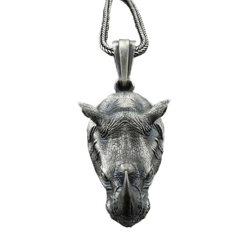 Vintage Norse Rhinoceros Pendant Necklace for Men Biker Punk Rock Animal Rhino Head Pendants with 24 inch Steel Chain X4YA