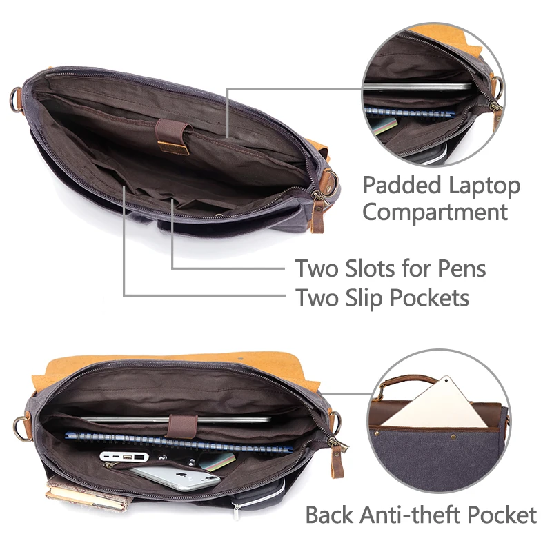 VASCHY-Bolso bandolera de cuero genuino para hombre, maletín de lona para ordenador portátil de 15,6 pulgadas, bandolera