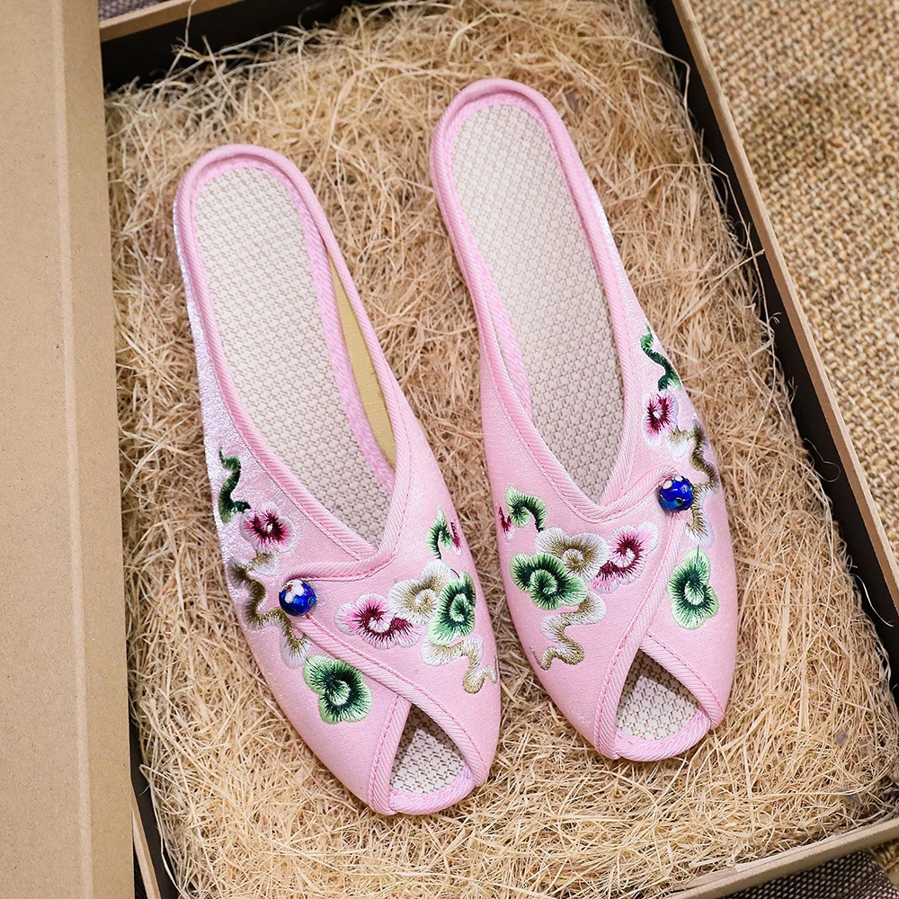 Veowalk Open Peep Toe Women Floral Embroidered Flannel Cotton Fabric Slides Slippers Vintage Ladies Casual Slip on Summer Shoes