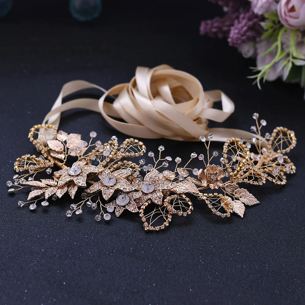 Golden Alloy Flower Sjerpen Bruiloft Riemen Bruids Sjerp Strass Riem Slanke Diamant Riemen Voor Vrouwen Kristal Vrouwelijke Riem Voor Jurk