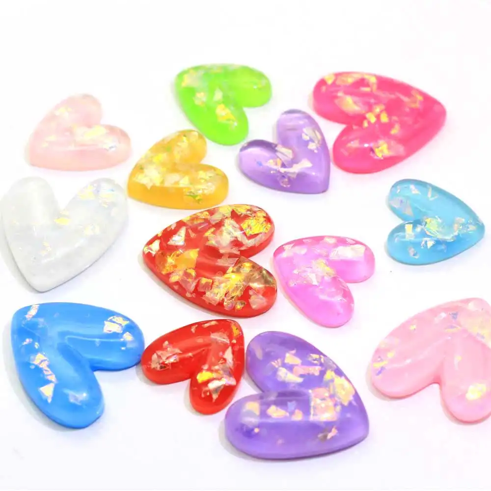 20/100pcs  Assorted Color Resin Heart Cabochons Iridescent Foil Resin Heart  Charms Cute Bling Cabs Valentines Day Cabochons