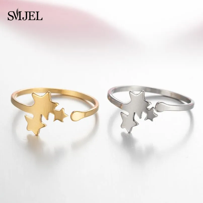 Stainless Steel Open Rings Fashion Three Star Ring for Women Teen Jewelry Everyday Wear 2021 Hollow Star Moon Bague Party Gift