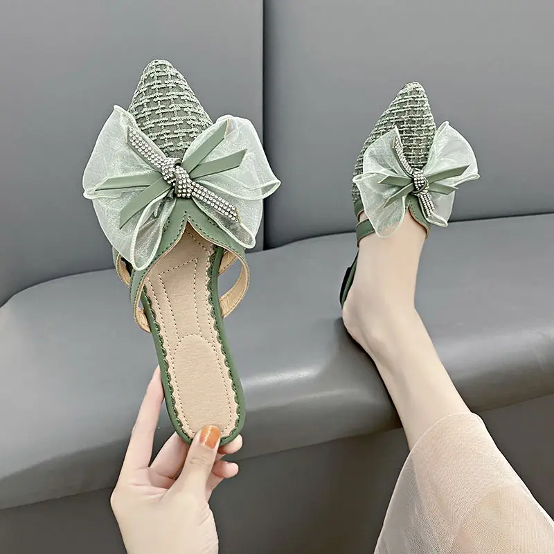 Summer Women Slippers 2024 New Fashion Sweet Lace Bowknot Outdoor Cool Slippers Girls Cute Non-slip Flat Slides Muller Shoes