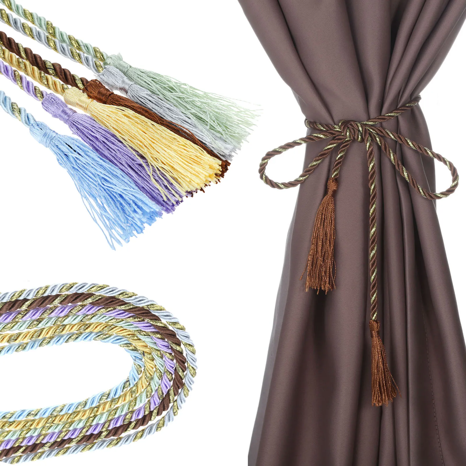 2pcs Curtain Tiebacks with Tassel Hanging Ropes Hand Braided Drapery Home Decor Green/Blue/Gray/Purple/Gold/Coffee Living Room