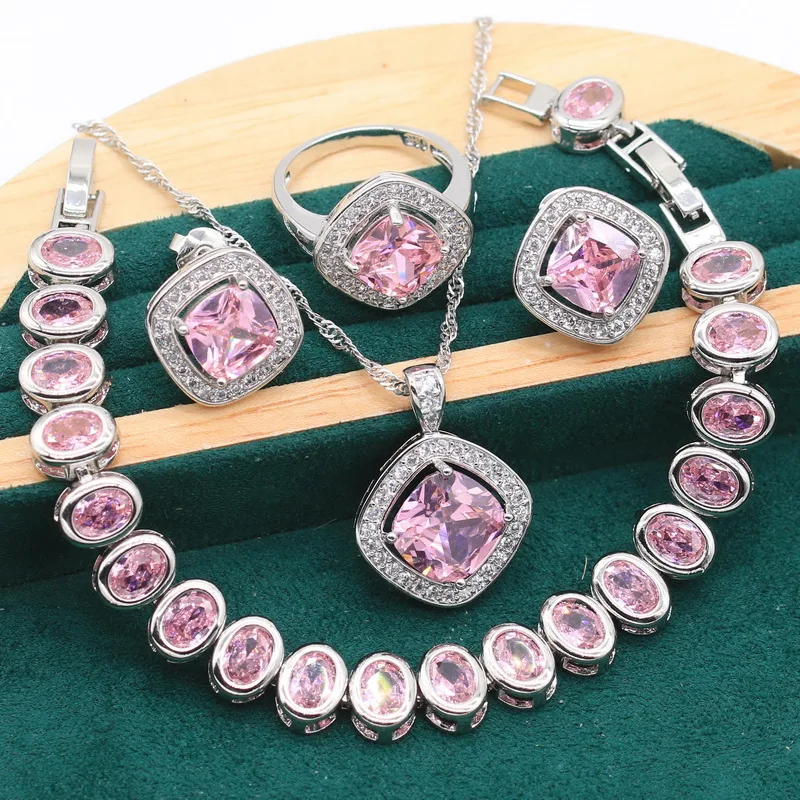 Classic 925 Sterling Silver Jewelry Set For Women Pink Crystal Bracelet Earrings Necklace Pendant Bride Ring Wedding Gift 4PCS