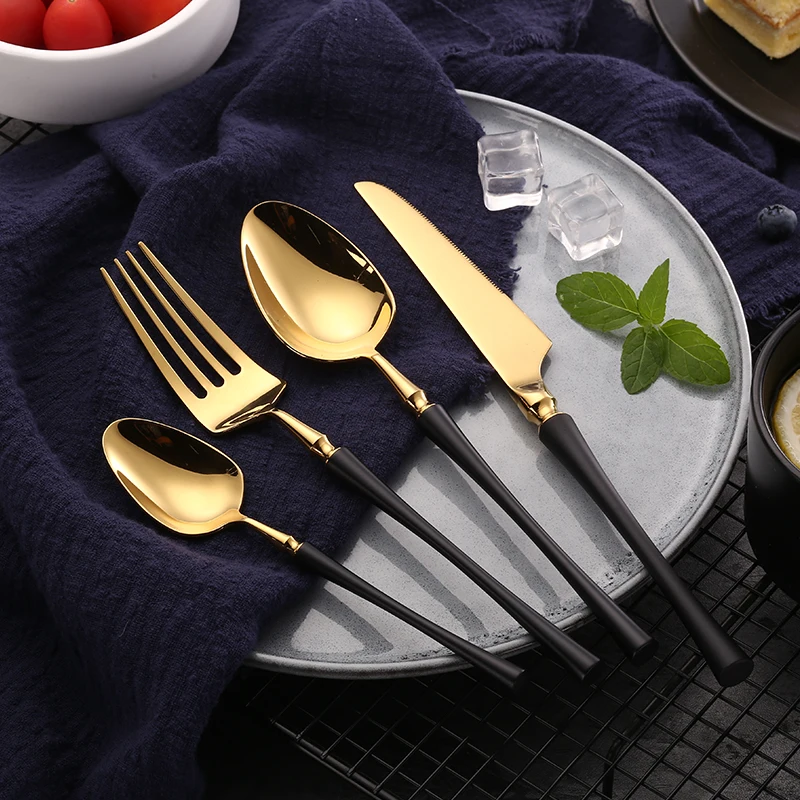 

24pcs Black Golden Tableware set Luxury Gold Cutlery Wedding Dinner Knives Forks and Spoon Stainless Steel Christmas Flatware