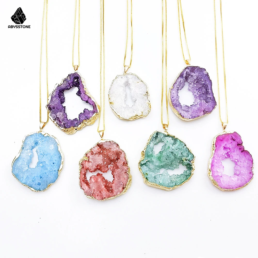 Women's Natural Crystal Geode Golden Pendant Pruple Rose Quartz Salty Stone Jewelry Necklace Sleep Peace Girlfriend Girls Gift