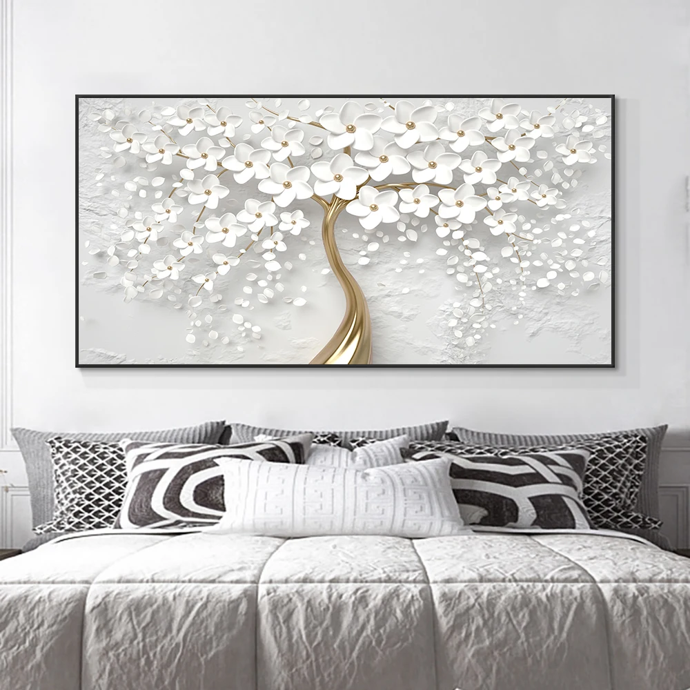 Pintura en lienzo de flores blancas 3D abstractas, carteles e impresiones de plantas nórdicas modernas, arte de pared, imagen para sala de estar,