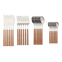 24pcs Kitchen Cutlery Set Utensils Stainless Steel Fork Spoons Knife Teaspoons Dinnerware Tableware Sets Imitation Wooden Handle