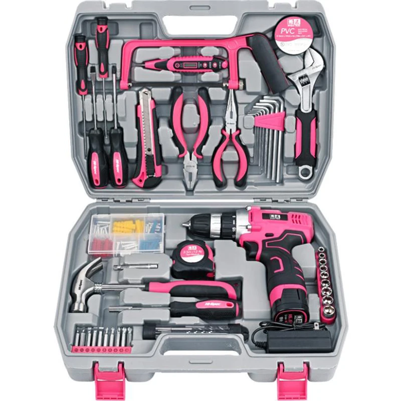 Pink Hand Tool Set KitElectric Screwdriver Li-ion Battery Lady Women Household Power Tool Set