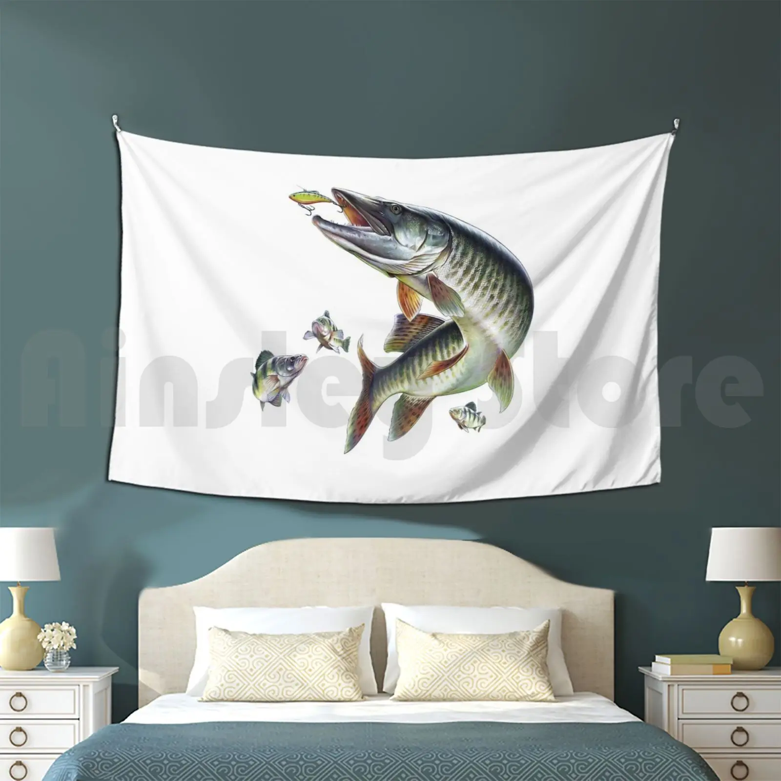 Muskie Fishing Customized Tapestry Muskie Muskellunge Fish Fishing Lures Perch Yellow Perch Collage