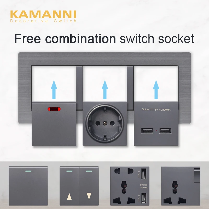 Kamanni F71 Serie Grijs Aluminium Paneel Schakelaar Eu Franse Socket Met Usb Tv RJ45 Module Diy Frame Gratis combinatie