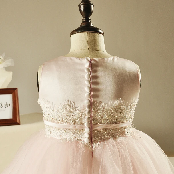 o-neck pink tulle lace sashes button flower girl Dresses for weddings 2016 first communion dresses for girls tea-length beading