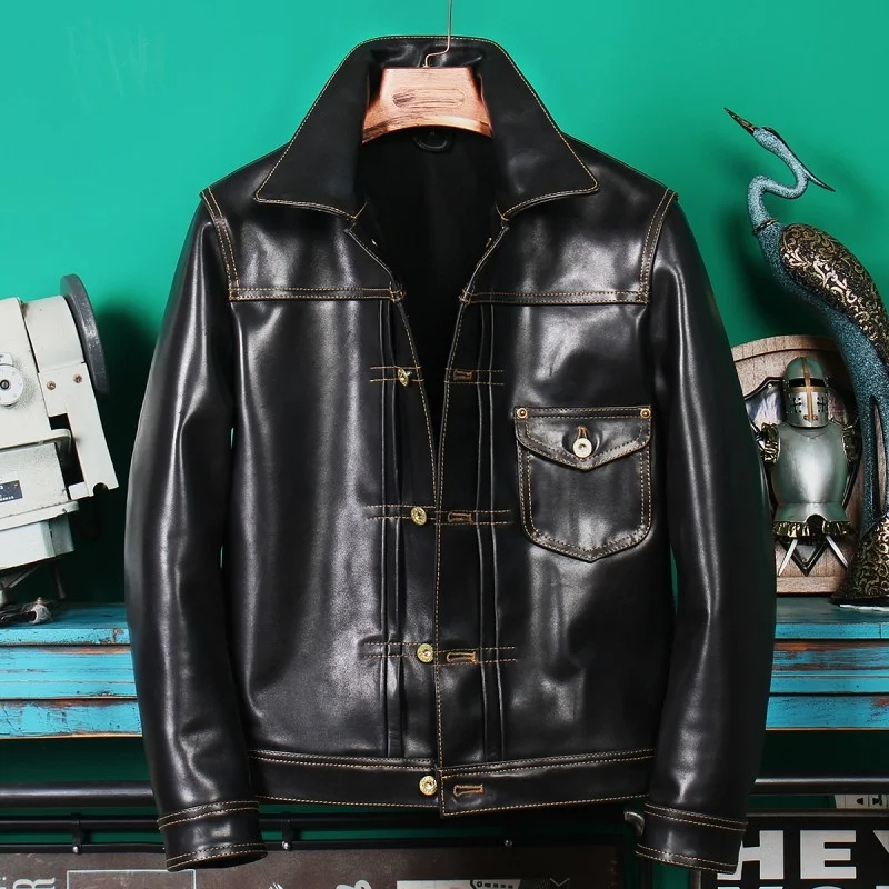 

Retro Classic Moto Biker Genuine Leather Jacket Men Punk Single Breasted Slim Cargo Coat Quality Luxury Horsehide Pilot Jackets