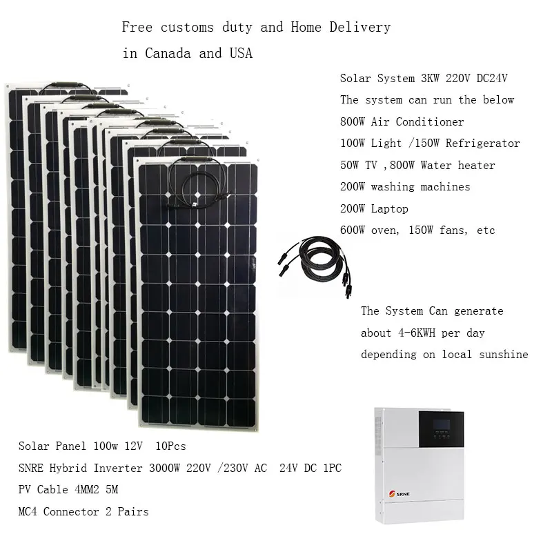 Solar Panel Kit Complete With Mount 30000W 220V110V Etfe Flexible Solar Plate Solar Battery Charger Hybrid Inverter Controller