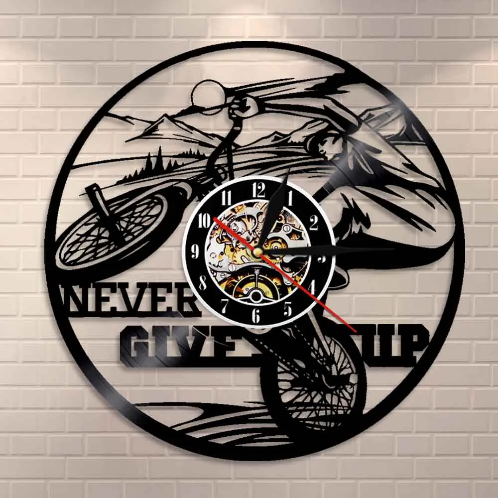 Cyclist Vinyl Record Wall Clock Bicycle Wall Clock Modern Design Never Give Up Home Decor Art Riding Time Watch Riders Gift