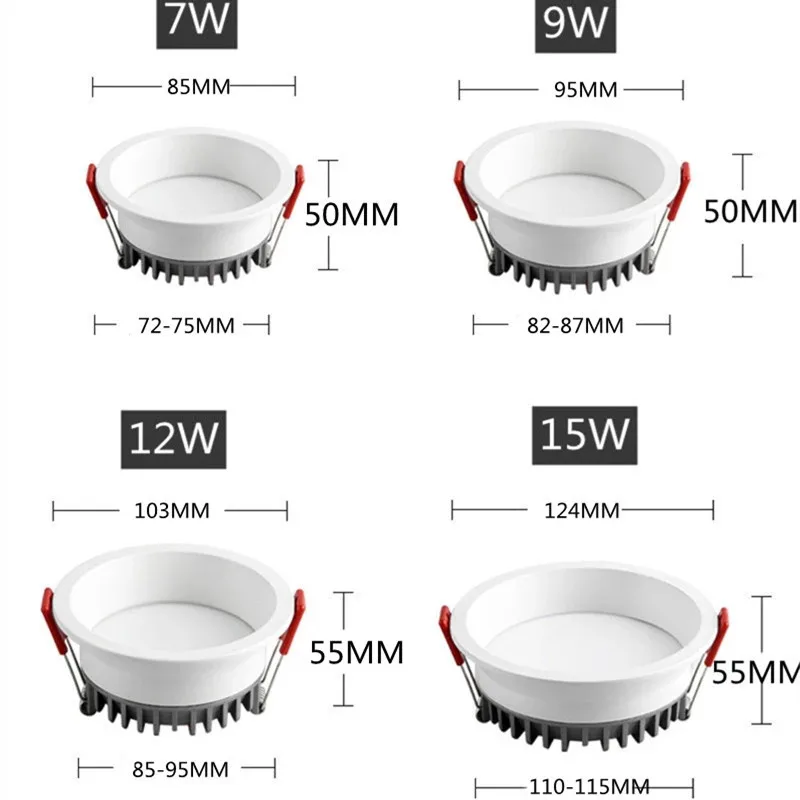 Dimmable Recessed LED Downlights 7W/9W/12W/15W COB Anti-Glare Ceiling Spot Lights AC85-265V Indoor Background Lamps for Ligh