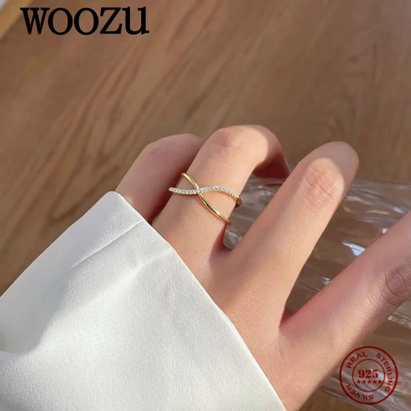 WOOZU 14k Gold Plated 925 Sterling Silver Korean Initials X Zircon Cross Rings For Women Party Classic Romantic Jewelry Gift