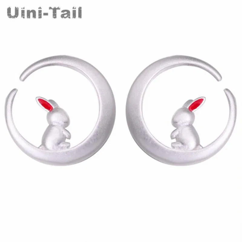 Uini-Tail hot new 925 Tibetan silver moon bunny earrings fresh and lovely sweet tide flow white rabbit student earrings ED006