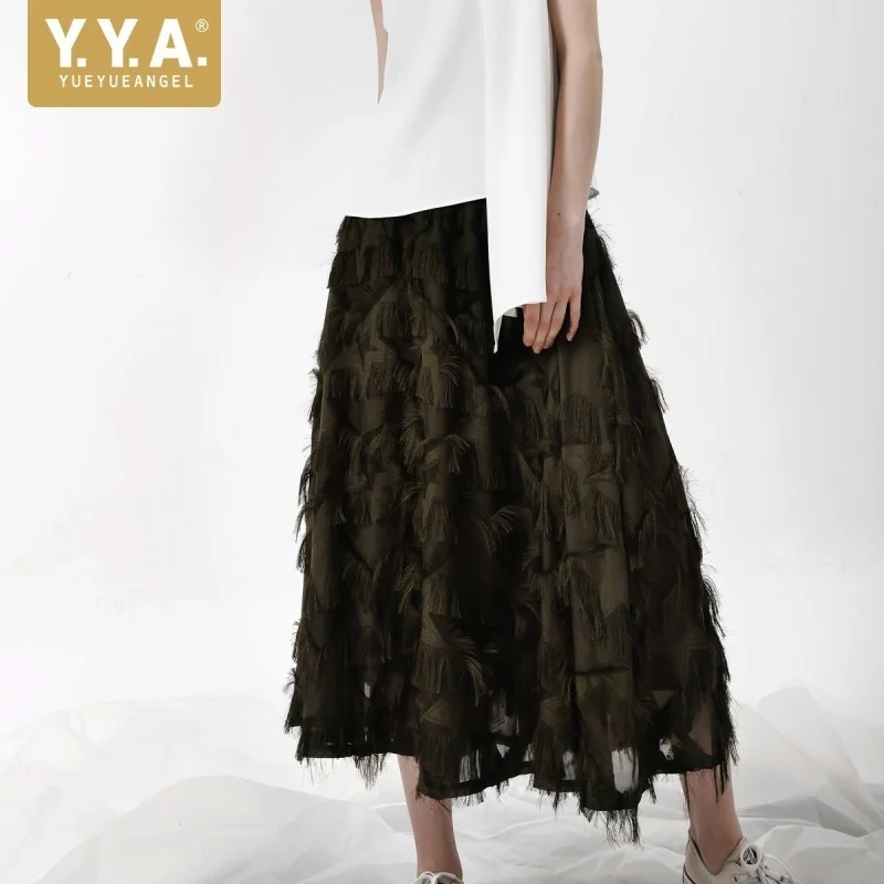 

Fashion Elegant Elastic Wide Waist Back Zipper Women Skirts Feathers Tassel Medium Length Female Loose A-Line Skirts Streetwear