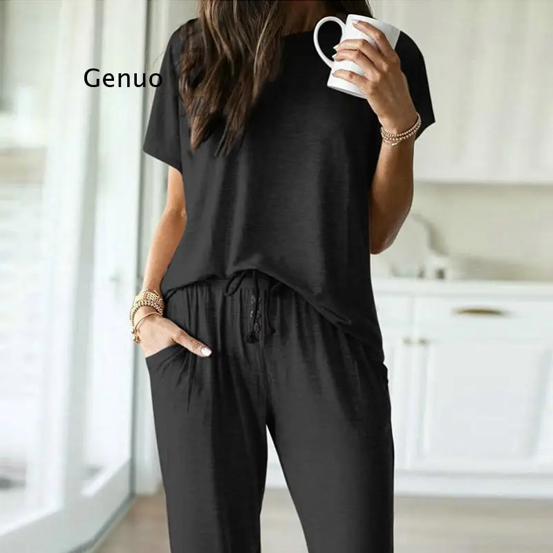 

Spring O Neck Casual Short Sleeve Suit Fashion Homewear Soft Pullover Tops And Lace-up Solid Pants Women Tracksuit Two Piece Set