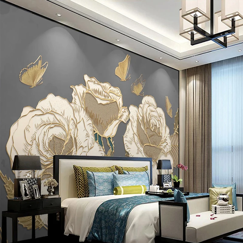 Custom Wall Mural Beautiful Golden Relief Rose Butterfly Wallpaper Living Room TV Background Home Decor Papel De Parede