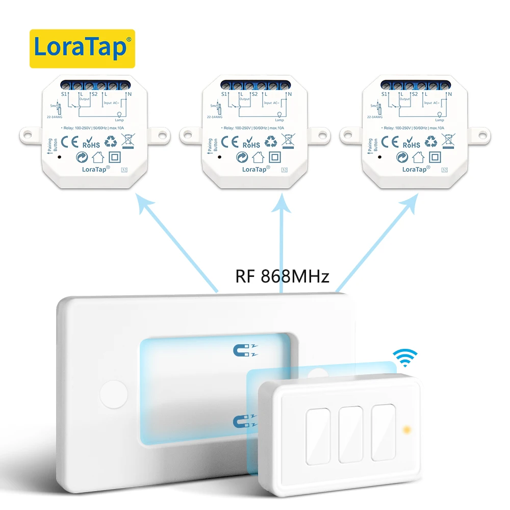 LoraTap Wireless Relay Module with US Standard 1 2 3 Gang Mountable and Portable Remote Control 200m Range Easy to Install