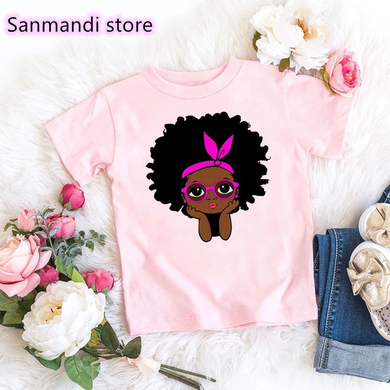 Kawaii Kids Clothes Black Girl Love Pink Glasses Print Tshirt Rabbit Summer Children Clothing Harajuku Shirt Melanin T-Shirt