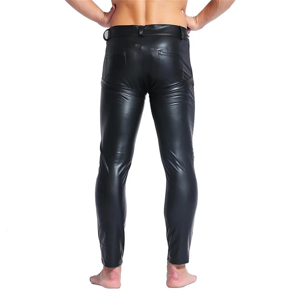 Sexy Mens Faux Leather Skinny Tight Pants Clubwear Legging Nightclub Trousers Mens PU Leather Black Dancer Open Front Long Pants