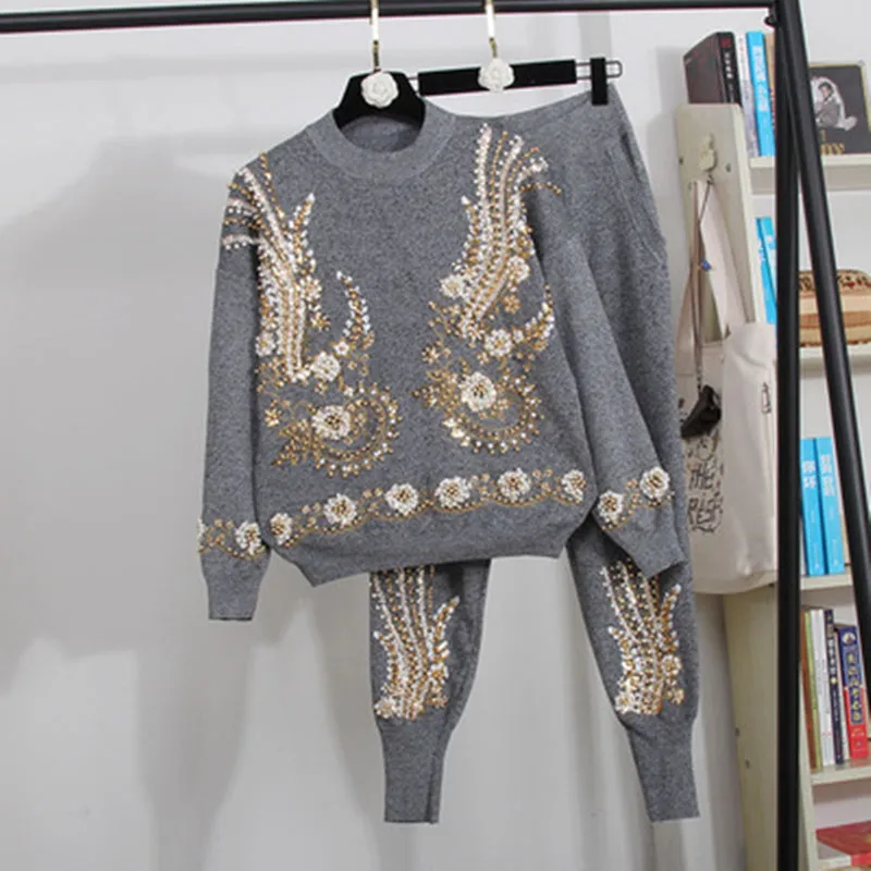 

Fashion Woman Tracksuit 2020 New Autumn Winter Two Piece Set Vintage Beaded Embroidery Sweater Top + Pants Knitted Sportsuits