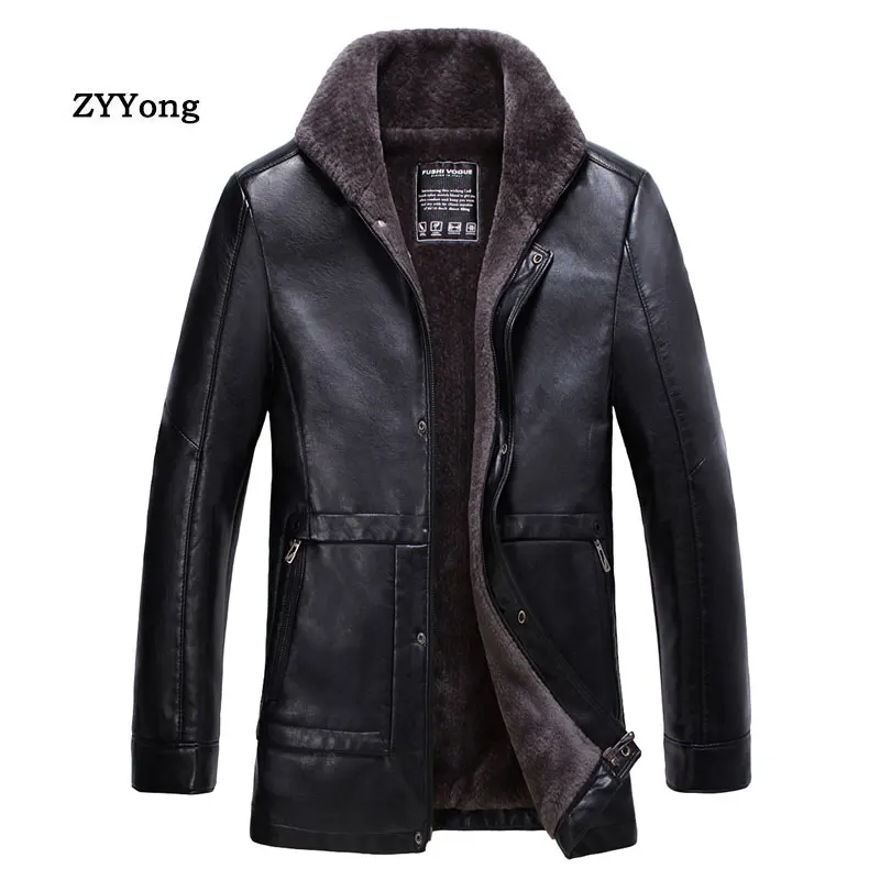 

Winter Leather Jacket Men Jacket Fur Turndown Collar Parka Coat Overcoat Plus Velvet Warm PU Large Size Classic Black Outwear